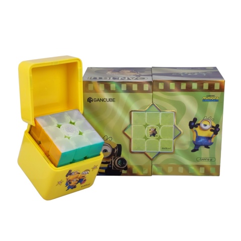 Pudełko i kostka GAN 16 ui MagLev Max UV Minions Edition w stacji ładującej